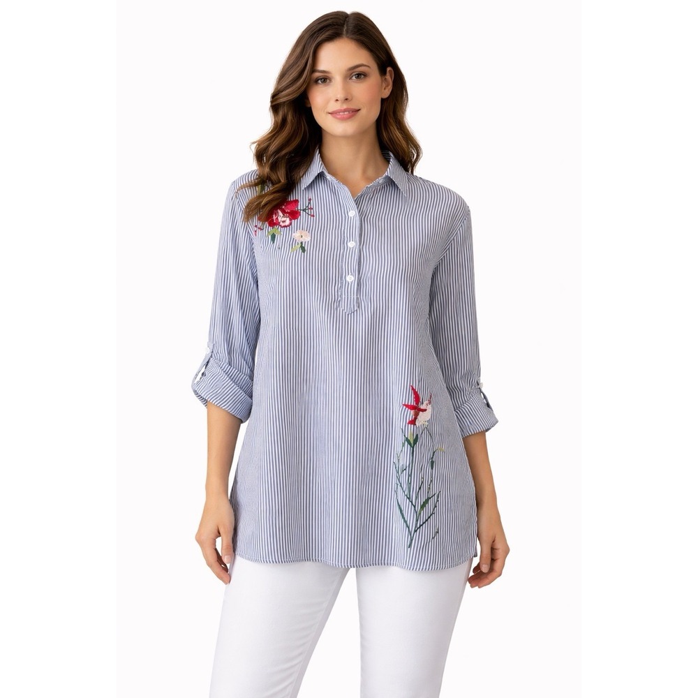 KontroL Contemporary Women's Striped Flower Embroidered Shirt Blouse Size Large